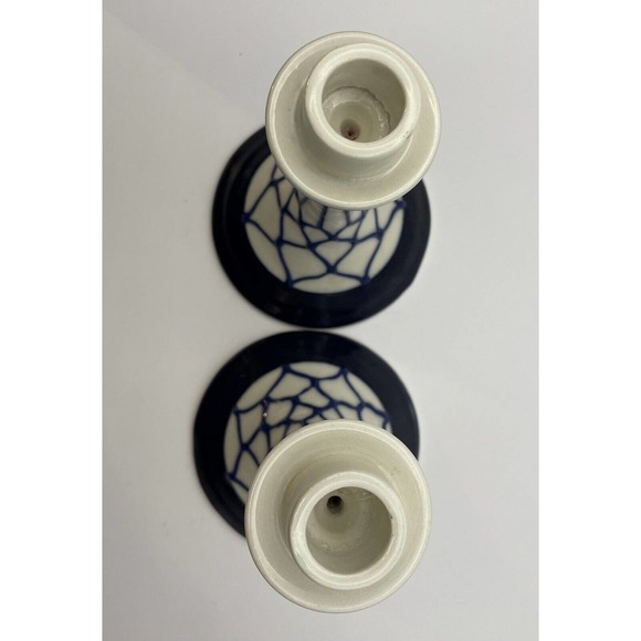 2 Vintage Pottery Candlestick Holders Geometric / Web Design Cobalt Blue & White - Picture 7 of 14